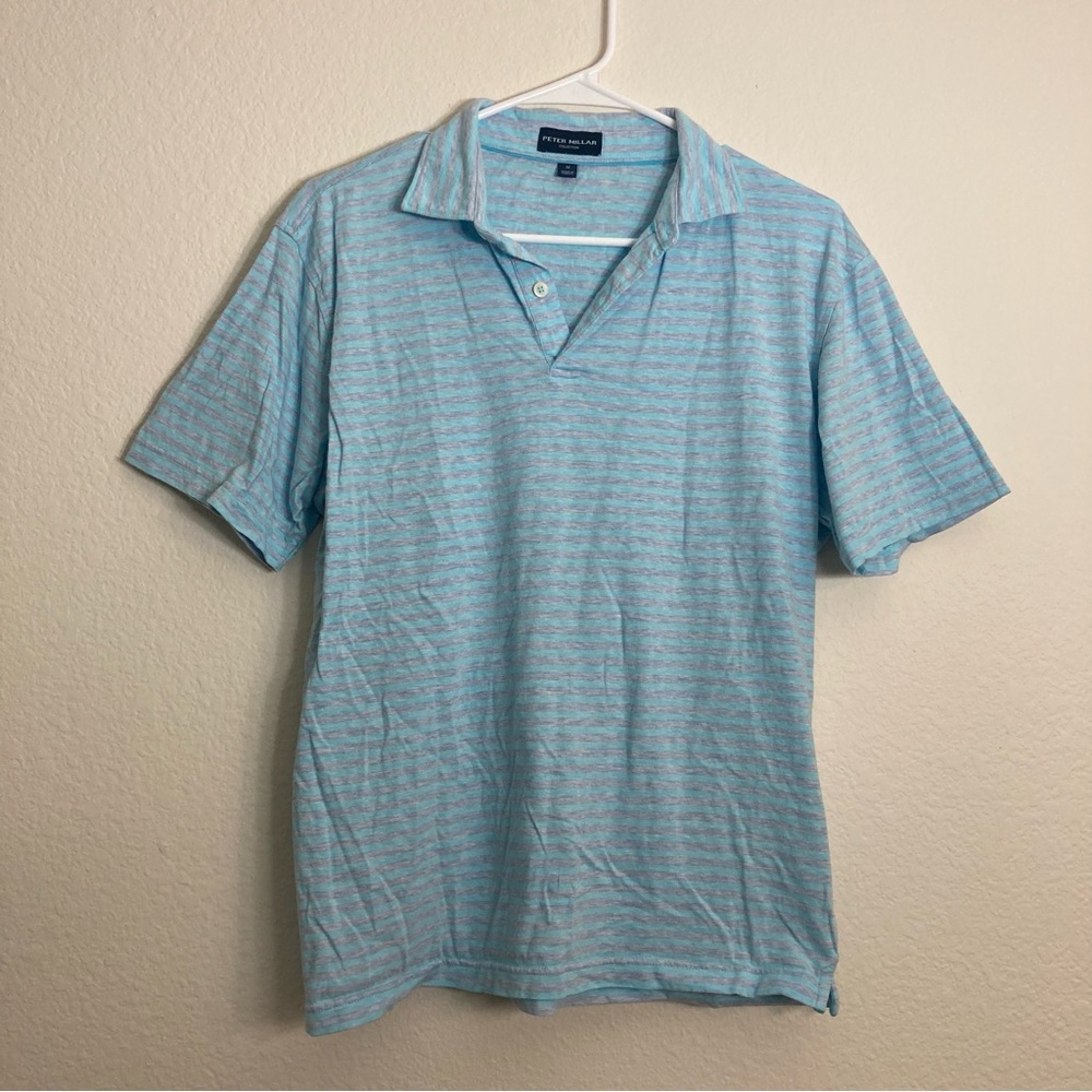 Peter Millar Cotton/Linen Striped Polo - Blue/Gray - Size Medium